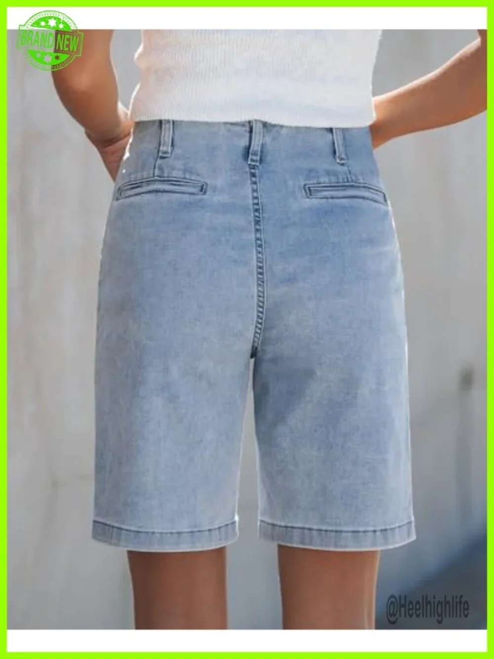 Women's Bermuda Shorts High Waisted Button Fly Patch Pocket Long Stretch Denim